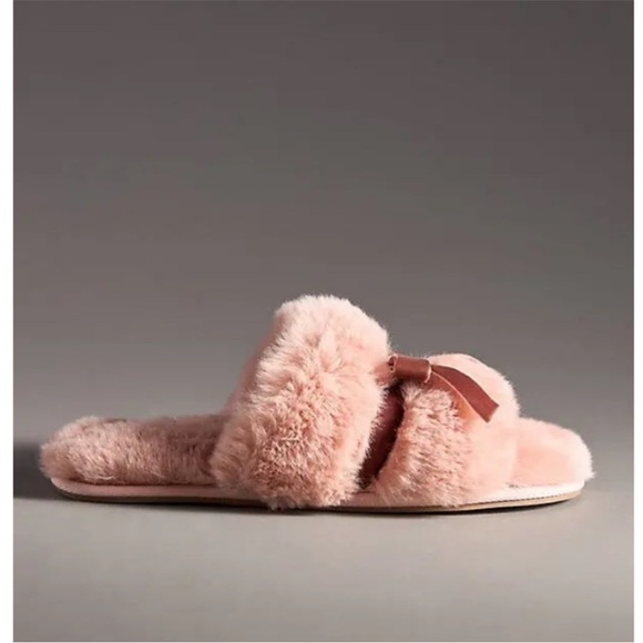 NWOT Anthropologie Maeve Faux-Fur Open-Toe Bow Slippers Pink Size Medium - Picture 2 of 7
